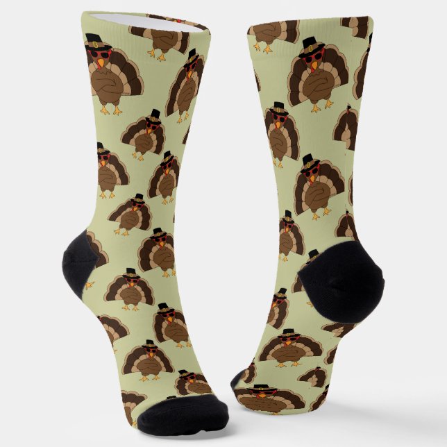 Cool Turkey Thanksgiving fun brown green pattern Socks (Angled)