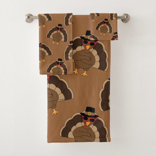 Cool Turkey Thanksgiving fun brown pattern Bath Towel Set (Insitu)
