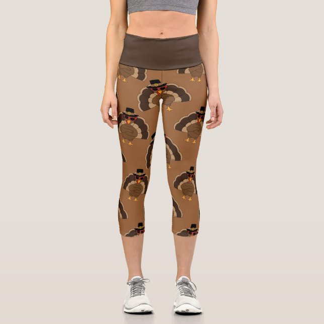 Cool Turkey Thanksgiving fun brown pattern Capri Leggings (Front)