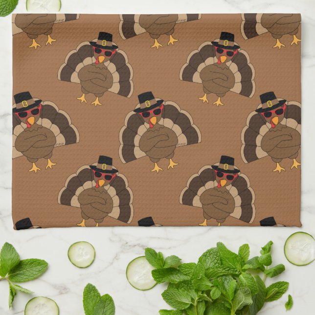 Cool Turkey Thanksgiving fun brown pattern Kitchen Towel (Folded)