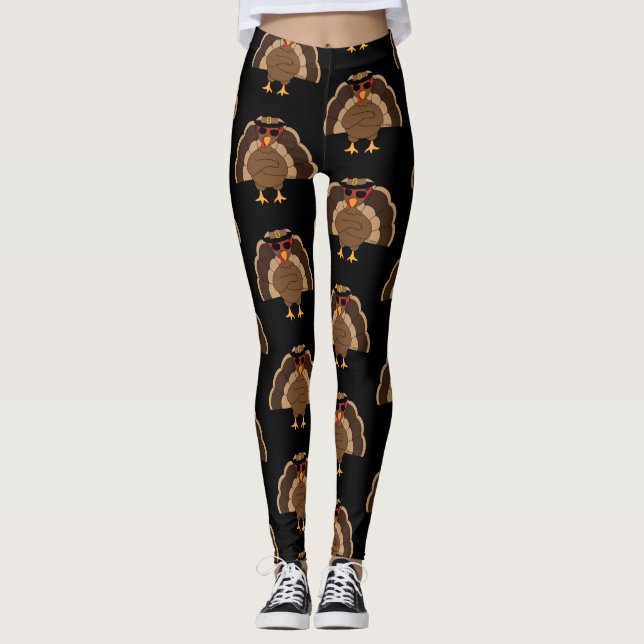 Cool Turkey Thanksgiving pattern on black  Leggings (Front)