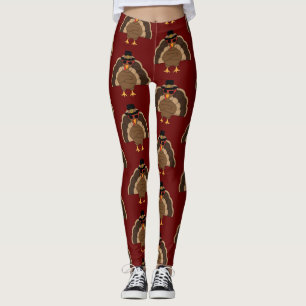 Cool Turkey Thanksgiving pattern on dark red Leggings