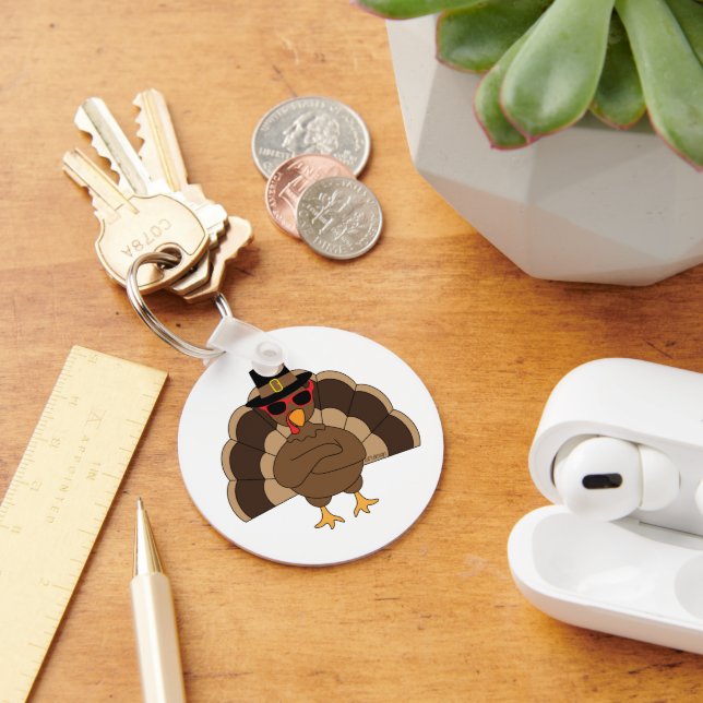 Cool Turkey with sunglasses Happy Thanksgiving Keychain (Desk)
