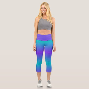 Cool Turquoise and Purple Ombre Stripes Capri Leggings