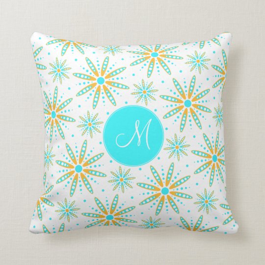 Cool turquoise winter snowflakes monogrammed throw pillow