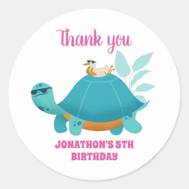 Cool Turtle and Bird Cartoon Kids Birthday Party Classic Round Sticker (Front)