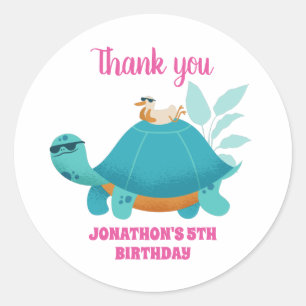 Cool Turtle and Bird Cartoon Kids Birthday Party Classic Round Sticker