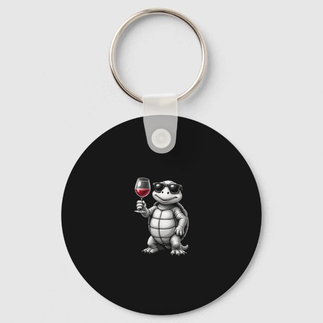 cool turtle drinking red wine art print_1 (1) keychain (Front)