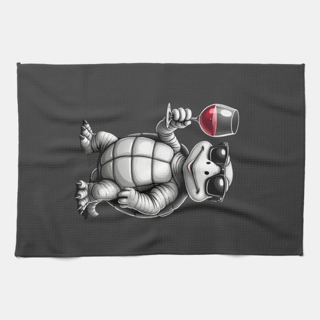 cool turtle drinking red wine art print_1 (1) kitchen towel (Horizontal)