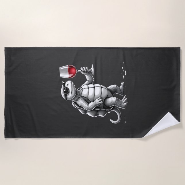 cool turtle drinking red wine art print_1 (2) beach towel (Front)