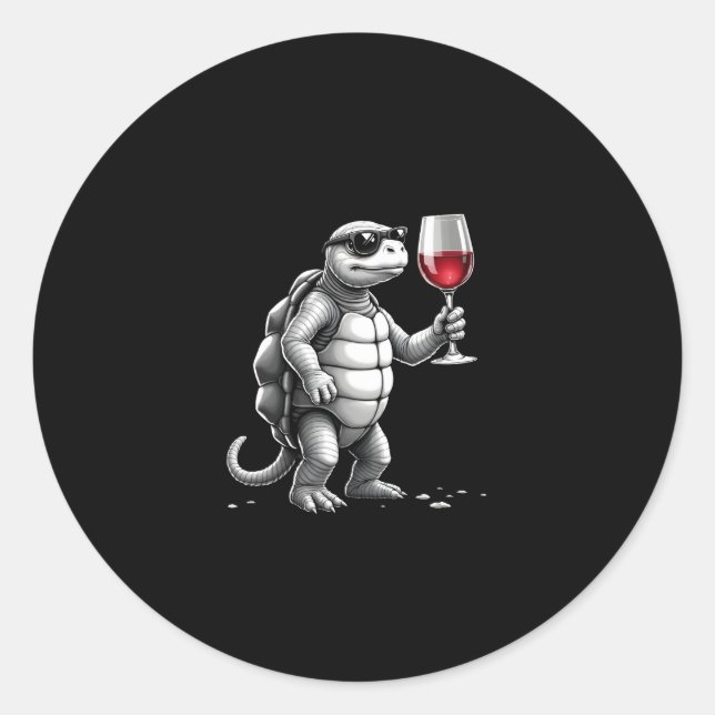 cool turtle drinking red wine art print_1 (2) classic round sticker (Front)
