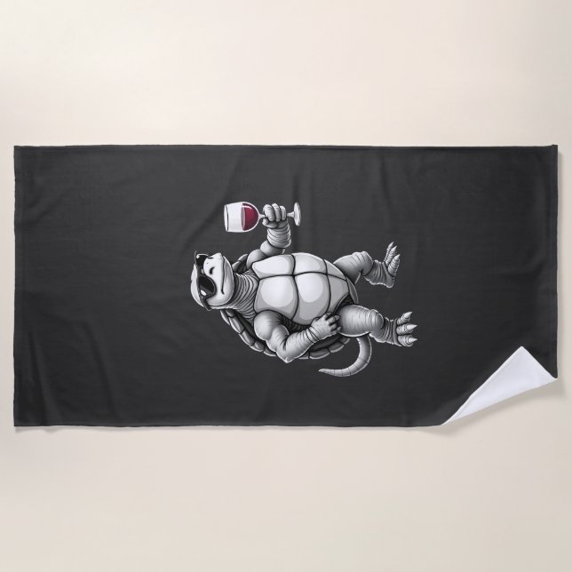 cool turtle drinking red wine art print_1 (3) beach towel (Front)