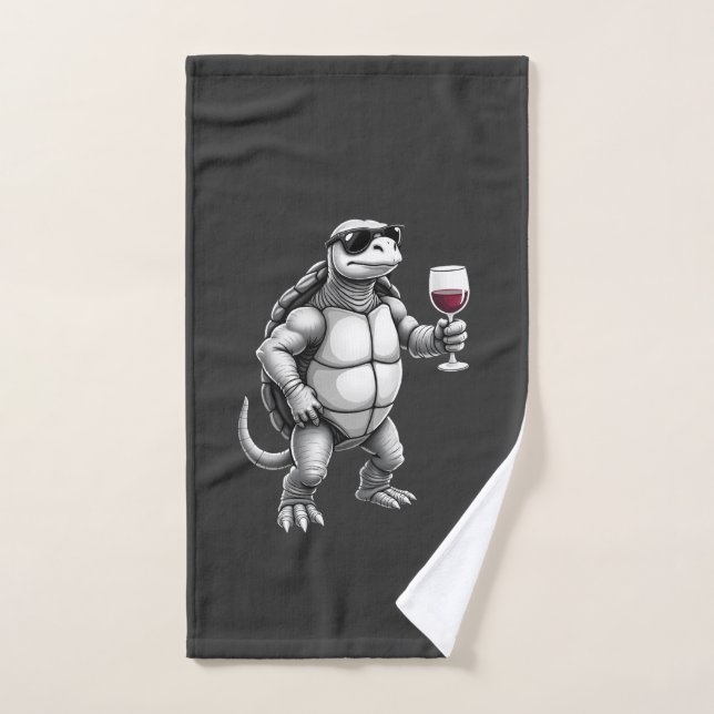 cool turtle drinking red wine art print_1 (3) hand towel (Hand Towel)