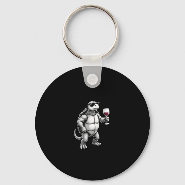 cool turtle drinking red wine art print_1 (3) keychain (Front)