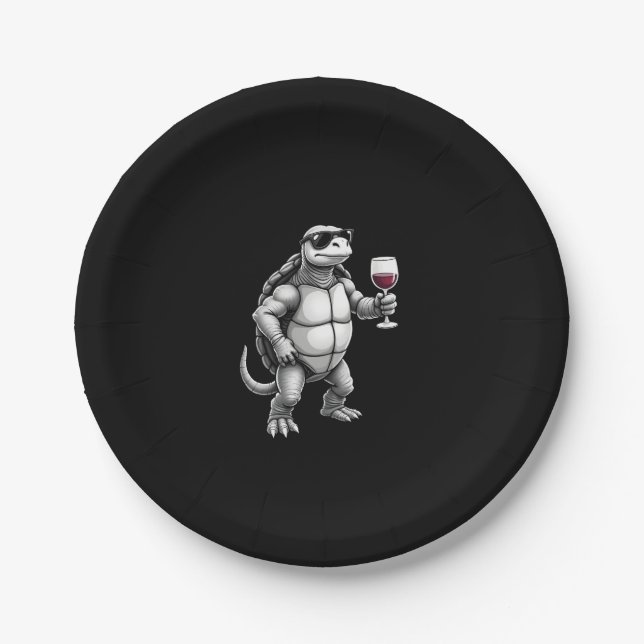 cool turtle drinking red wine art print_1 (3) paper plate (Front)