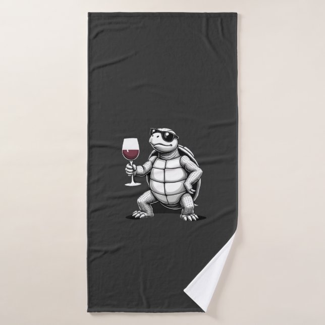 cool turtle drinking red wine art print_1 (4) bath towel (Bath Towel)