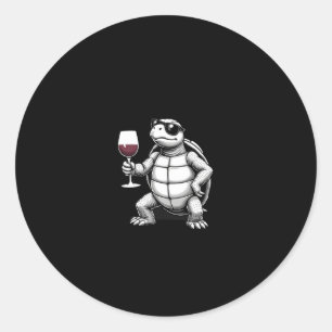 cool turtle drinking red wine art print_1 (4) classic round sticker