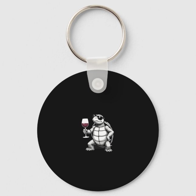 cool turtle drinking red wine art print_1 (4) keychain (Front)
