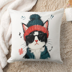 Cool Tuxedo Cat with Beanie & Sunglasses Throw Pillow