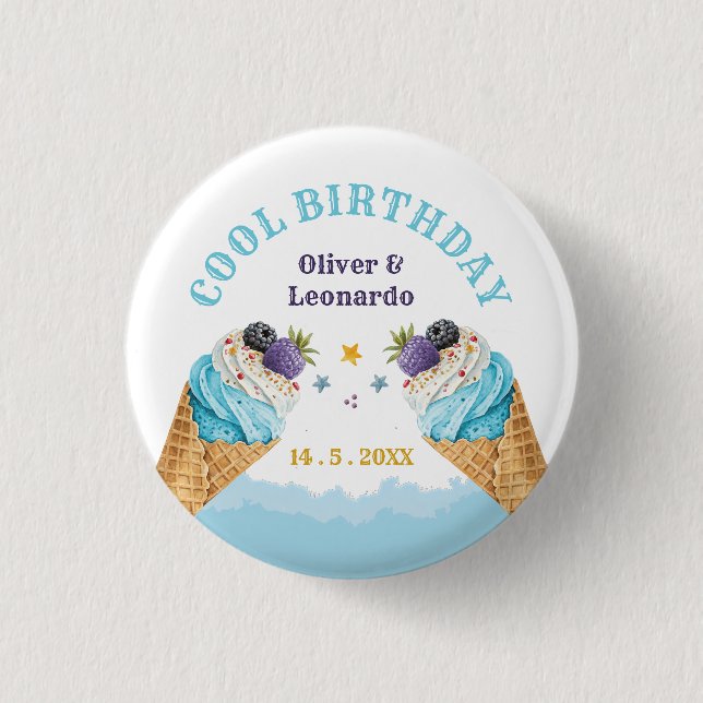 Cool Twins Ice Cream Boys Birthday Paper Plate 1 Inch Round Button (Front)