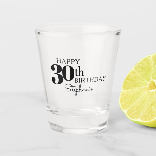 Cool Typography Happy 30th Birthday with Name Shot Glass (Front)