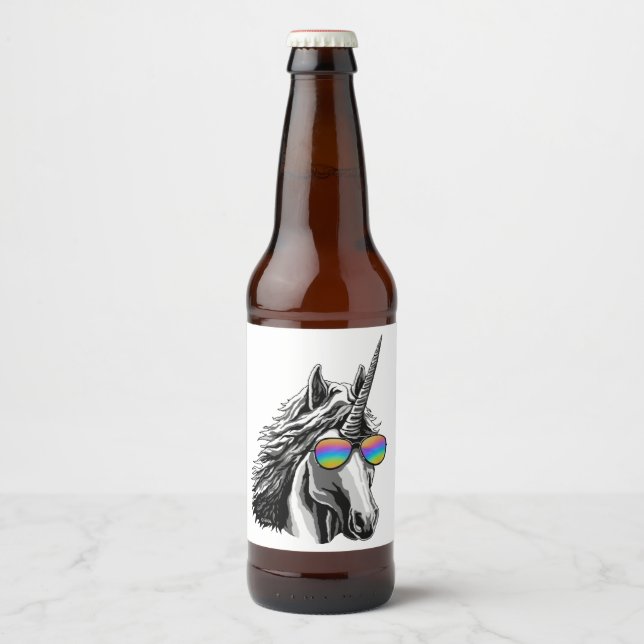 Cool unicorn with rainbow sunglasses beer bottle label (Front)