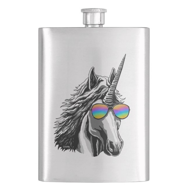 Cool unicorn with rainbow sunglasses hip flask (Front)