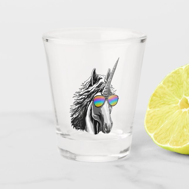 Cool unicorn with rainbow sunglasses shot glass (Front)