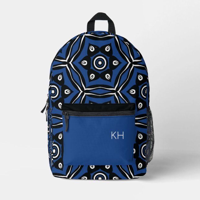 Cool Unique Blue & Black Mandala Monogram Initials Printed Backpack (Front)