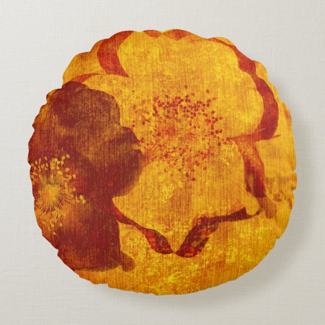 Cool, unique red yellow asian style flower art round pillow (Front)