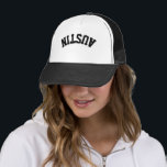 Cool Upside Down City Name Trendy Stylish Trucker Hat<br><div class="desc">Turn heads with this trendy upside-down city name trucker hat! Cool and stylish, this custom design is perfect for showing off your unique vibe. Personalize it with text to make it totally yours! *If your city name is longer than this and doesnt fit, please "Edit using Design Tool" in the...</div>