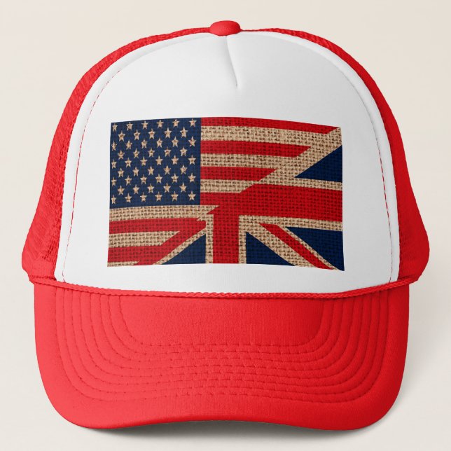 Cool usa union jack flags burlap texture effects trucker hat (Front)