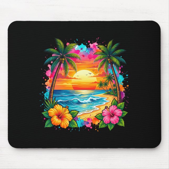 Cool Vacation Summer Retro Sunset Palm Tree Mouse Pad (Front)
