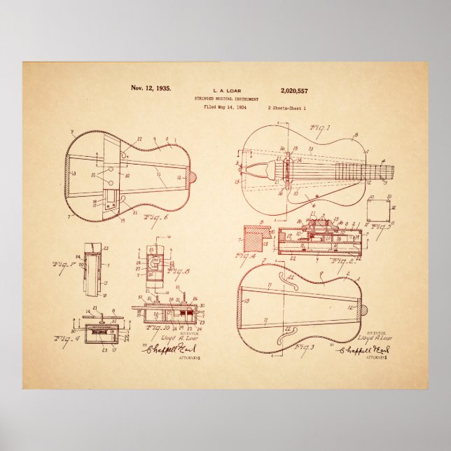 Cool Vintage Acoustic Guitar Patent Art Poster (Front)