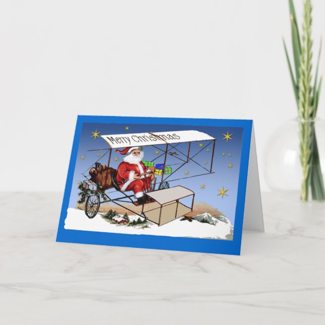 Cool Vintage Biplane Santa Claus Holiday Card (Front)