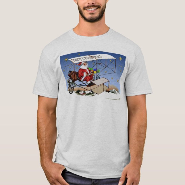 Cool Vintage Biplane Santa Claus T-Shirt (Front)