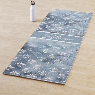 Cool Vintage Blue Fleur de Lis Script Name Yoga Mat