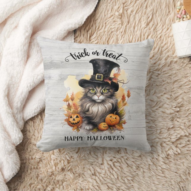 Cool Vintage Cat Rustic Halloween Personalized Throw Pillow (Blanket)
