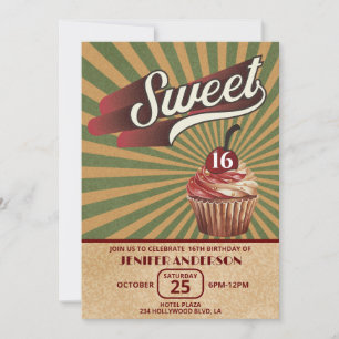 Cool vintage cupcake typography sweet 16 invitation