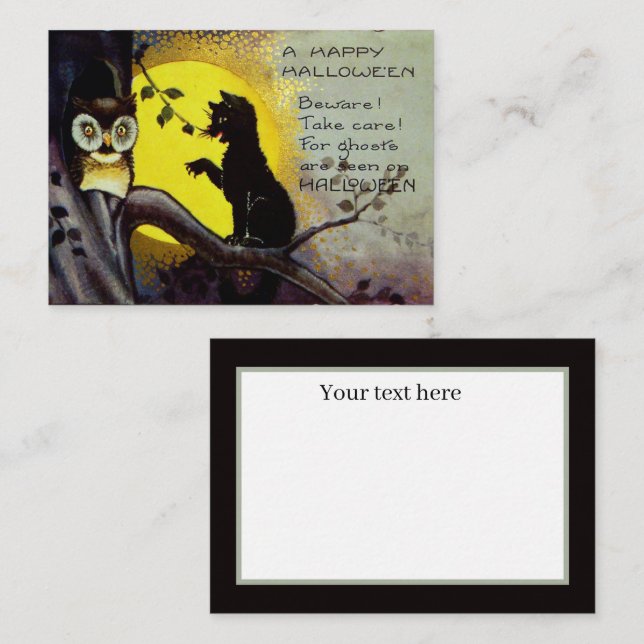 cool vintage Halloween Holiday black cat owl Card (Front/Back)