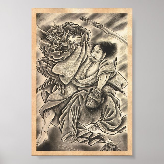 Cool vintage japanese samurai demon fight tattoo poster (Front)