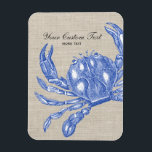 Cool Vintage Nautical Blue Crab Custom Beach Magnet<br><div class="desc">Celebrate the summer, ocean and beach with this nautical vintage blue crab design. A rustic blue crab engraved illustration is set against a tan linen-looking background. Add your custom text - monogram, family name, beach house name, year established, etc - or if you prefer, just delete the text . A...</div>