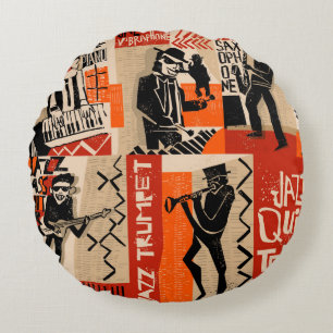 cool vintage of jazz band poster with trumpet play round pillow