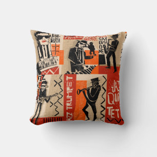 cool vintage of jazz band poster with trumpet play throw pillow