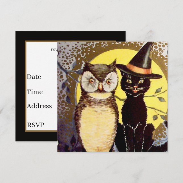 cool vintage owl cat  invitation (Front/Back)