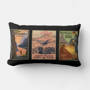 cool vintage three old travel posters on black lumbar pillow