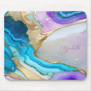 Cool Violet Blue Gold Marble Mouse Pad