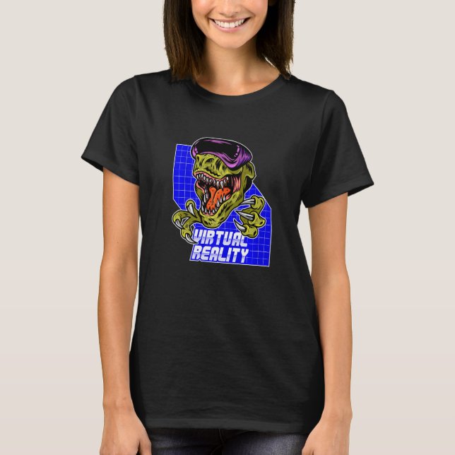 Cool Virtual Reality Dinosaur Gaming Illustration  T-Shirt (Front)