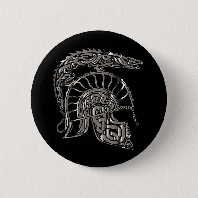 Cool Warrior Metallic Dragon Helmet 2 Inch Round Button (Front)