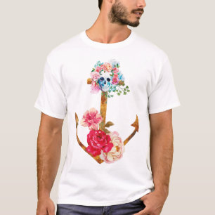 Cool Watercolor Anchor Skull Multicolored Flowers T-Shirt